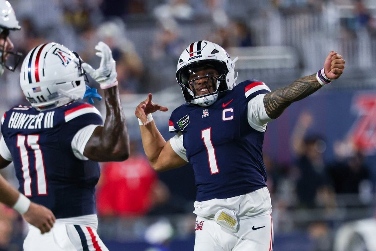 Sep 5, 2026; Tucson, Arizona, USA;  Arizona Wildcats quarterback Noah Fifita (1) celebrates a touchdown during the second quarter of the game against the Northern Arizona Lumberjacks at Casino Del Sol Stadium.  Mandatory Credit: Aryanna Frank-Imagn Images