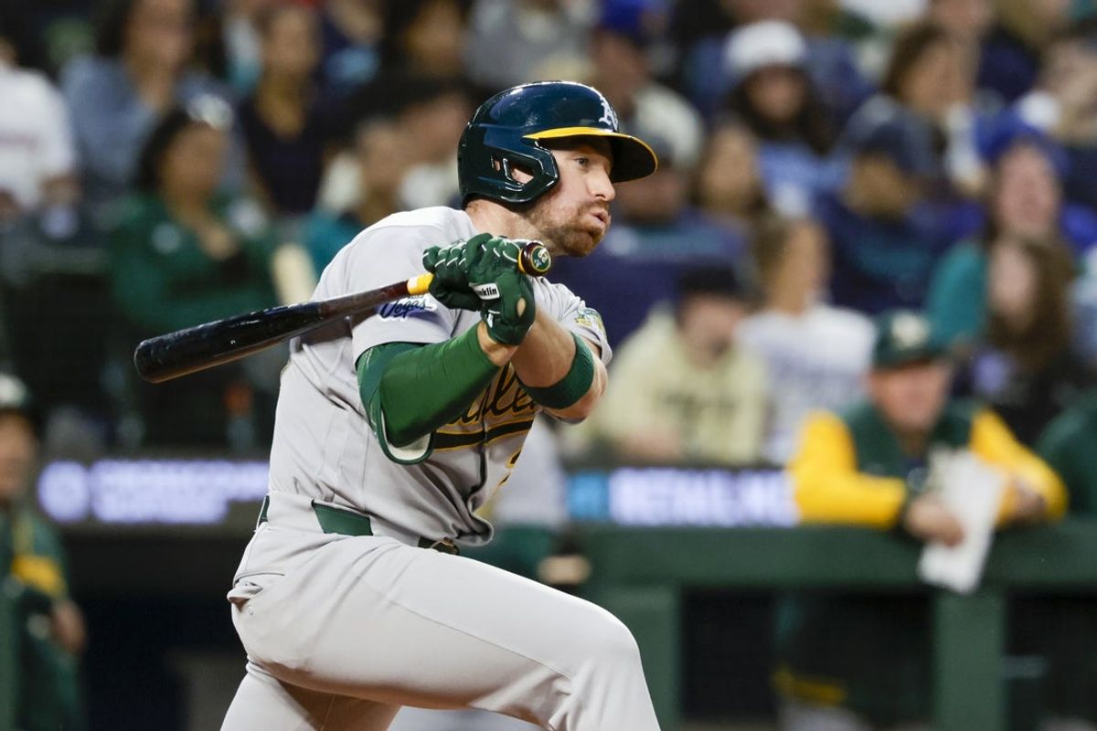 Sep 5, 2026; Seattle, Washington, USA; Athletics second baseman Donovan Walton (29) hits an RBI-double against the Seattle Mariners during the fourth inning at T-Mobile Park. Mandatory Credit: Joe Nicholson-Imagn Images