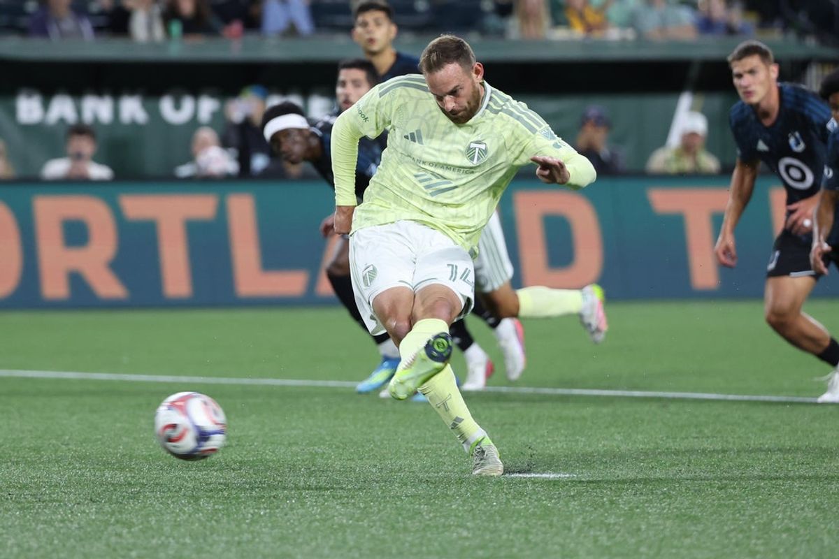 Sep 5, 2026; Portland, Oregon, USA;  Portland Timbers forward Vincent Janssen (14) kicks the ball for the Timbers first goal against the Minnesota United FC during the first half at Providence Park.  Mandatory Credit: Jaime Valdez-Imagn Images