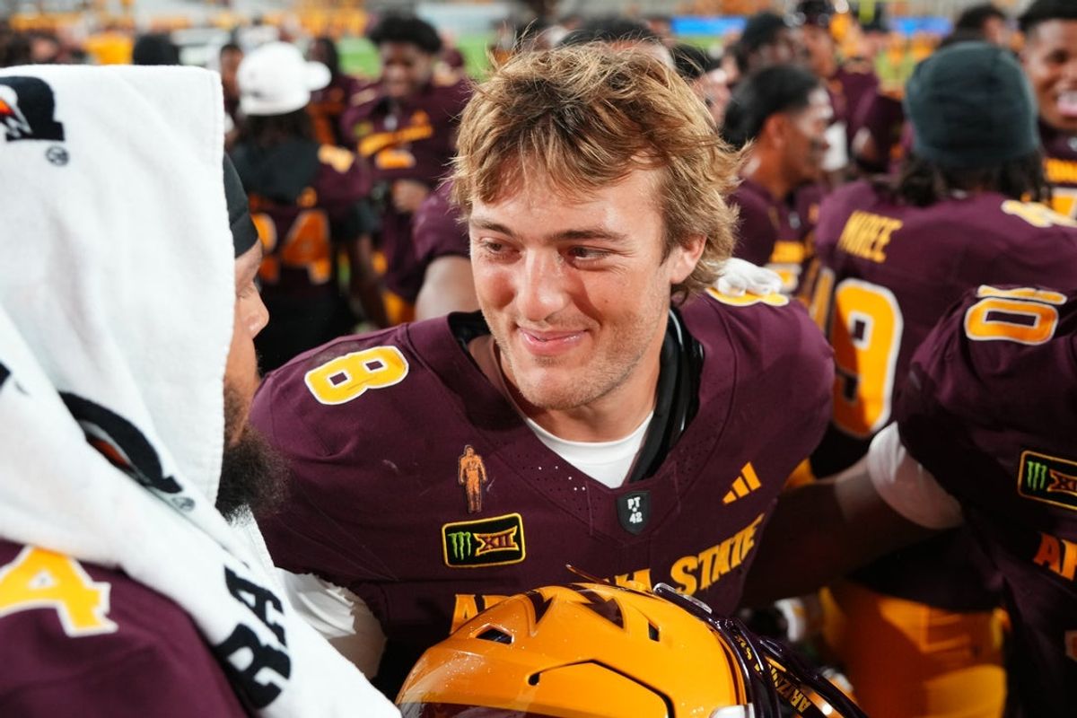 Sep 5, 2026; Tempe, Arizona, USA; Arizona State Sun Devils quarterback Cutter Boley (8) celebrates after the game at Mountain America Stadium. Mandatory Credit: Joe Camporeale-Imagn Images