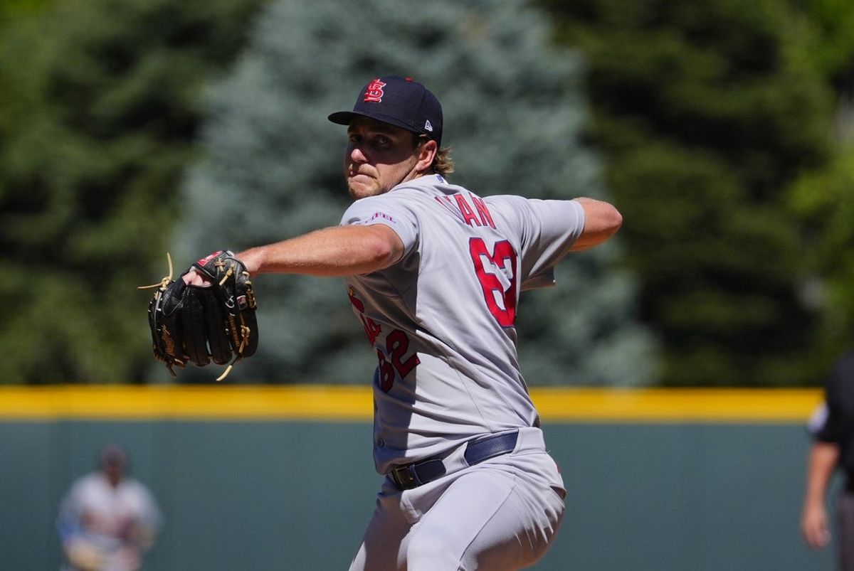 Sep 6, 2026; Denver, Colorado, USA;  St. Louis Cardinals pitcher Kyle Leahy (62) pitches against the Colorado Rockies during the first inning at Coors Field.  Mandatory Credit: Ron Chenoy-Imagn Images
