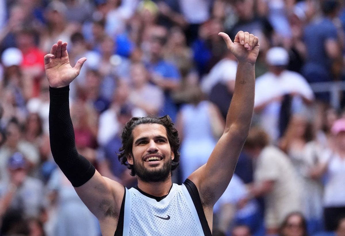 September 6, 2026; New York, United States;  Carlos Alcaraz of Spain celebrates winning his round of 16 match against Tommy Paul of the U.S.  Mandatory Credit: Robert Deutsch-Imagn Images