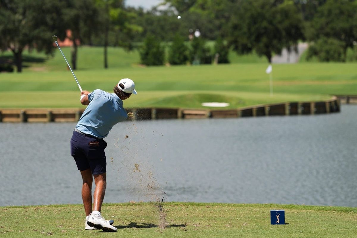 Charlie Woods tees off of 17 during the final round of the Junior Players Championship at the Stadium Course at TPC Sawgrass, Sunday September 6, 2026 in Ponte Vedra Beach, Fla. [Doug Engle/Florida Times-Union]
