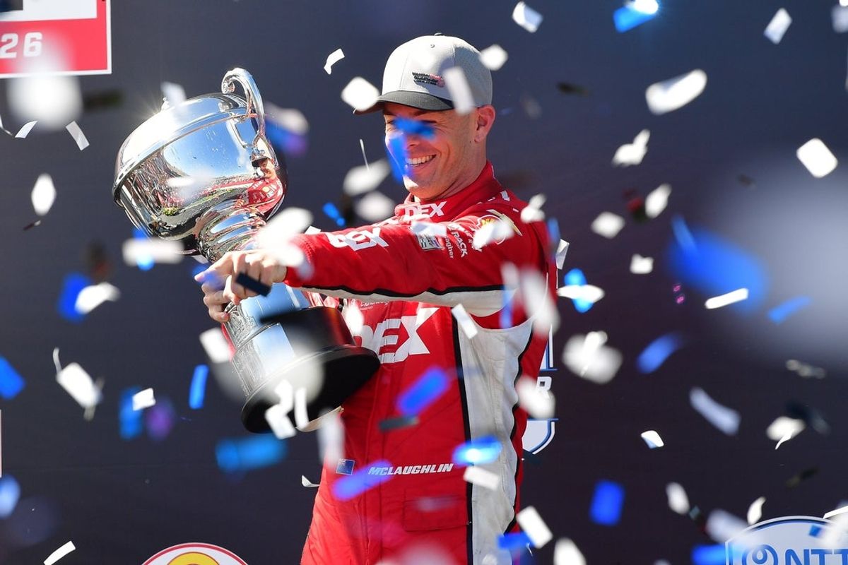 Sep 6, 2026; Salinas, California, USA; Team Penske Scott McLaughlin Scott McLaughlin (3) celebrates his race victory of the Grand Prix Of Monterey at WeatherTech Raceway Laguna Seca. Mandatory Credit: Gary A. Vasquez-Imagn Images