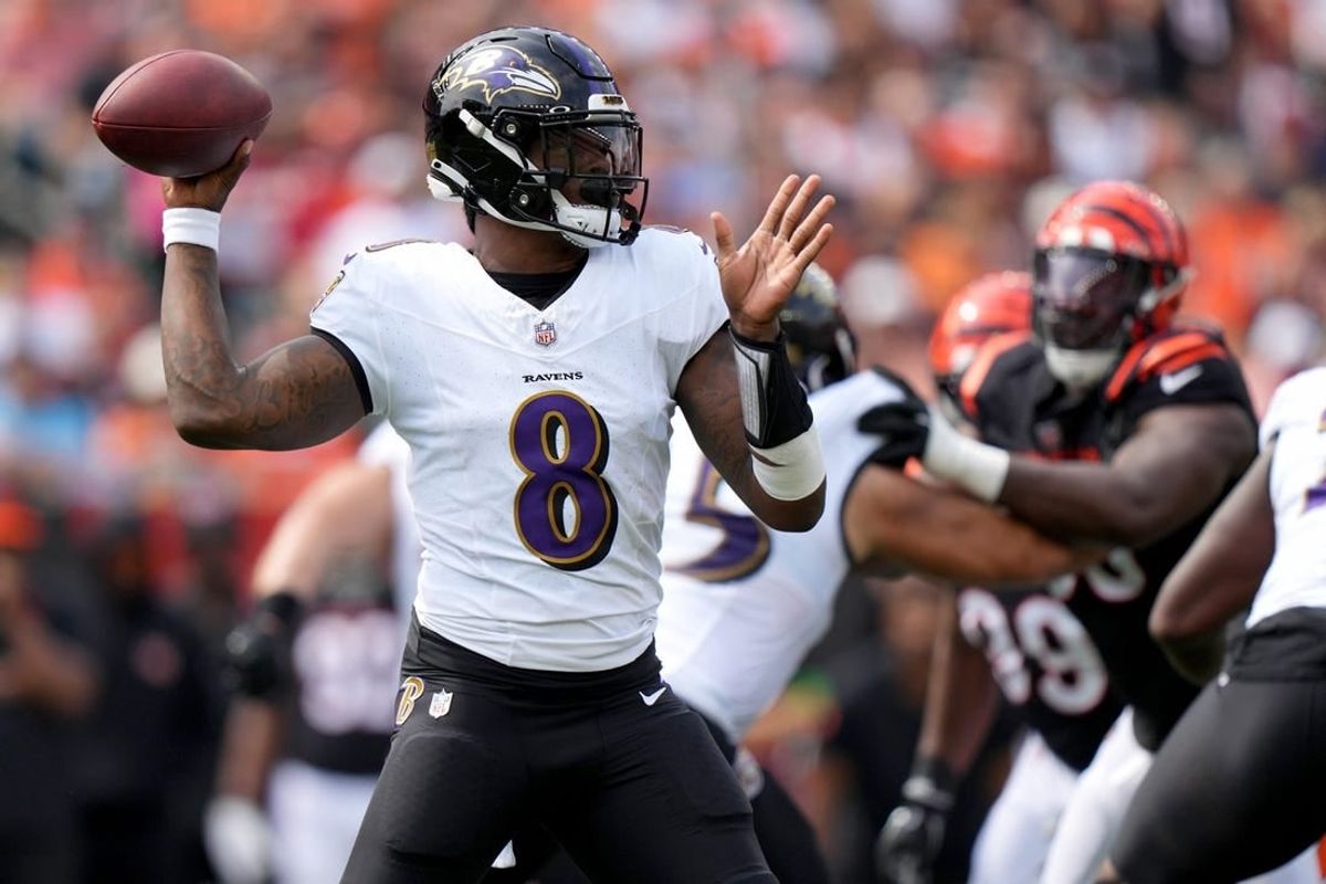 Baltimore Ravens quarterback Lamar Jackson (8) throws in the first quarter of a Week 2 NFL football game between the Baltimore Ravens and the Cincinnati Bengals Sunday, Sept. 17, 2023, at Paycor Stadium in Cincinnati.