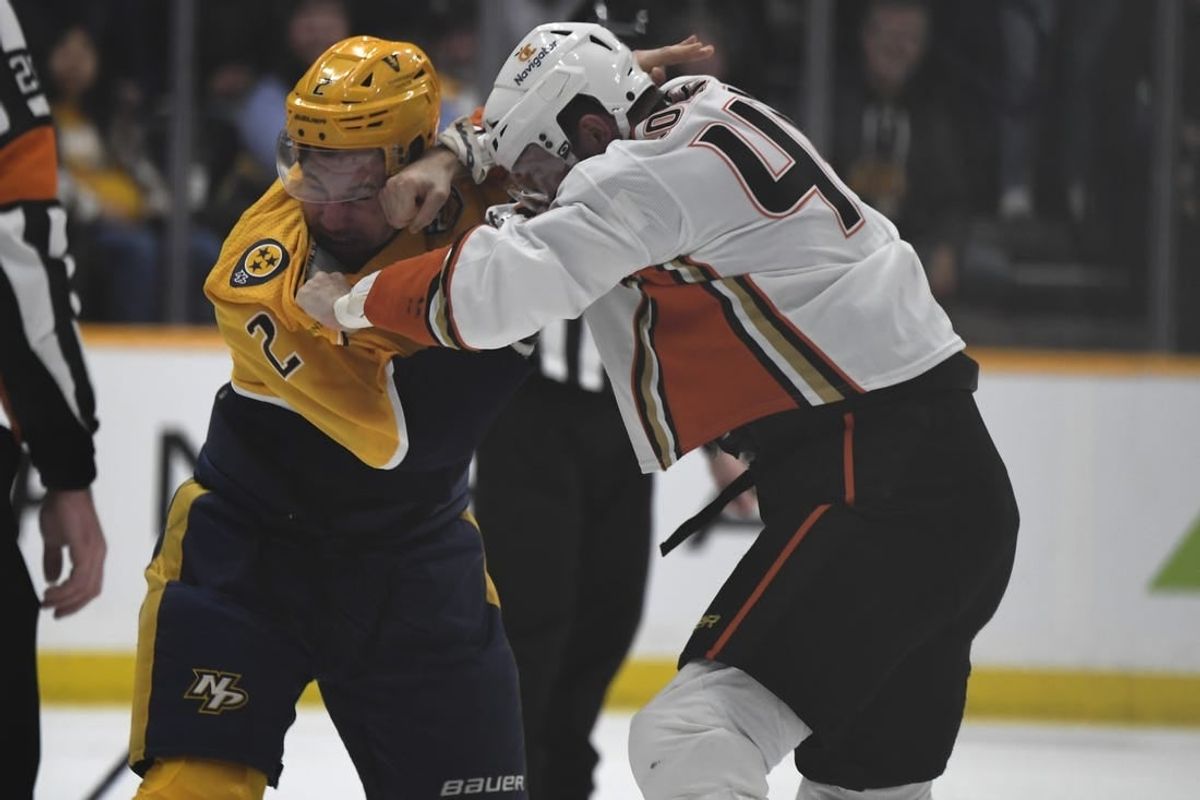 Jan 9, 2024; Nashville, Tennessee, USA; Nashville Predators defenseman Luke Schenn (2) and Anaheim Ducks left wing Ross Johnston (44) exchange punches doing a fight during the first period at Bridgestone Arena.