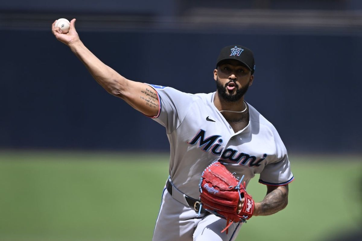 Sep 20, 2026; San Diego, California, USA;  Miami Marlins pitcher Sandy Alcantara (22) delivers during the first inning against the San Diego Padres at Petco Park.  Mandatory Credit: Denis Poroy-Imagn Images