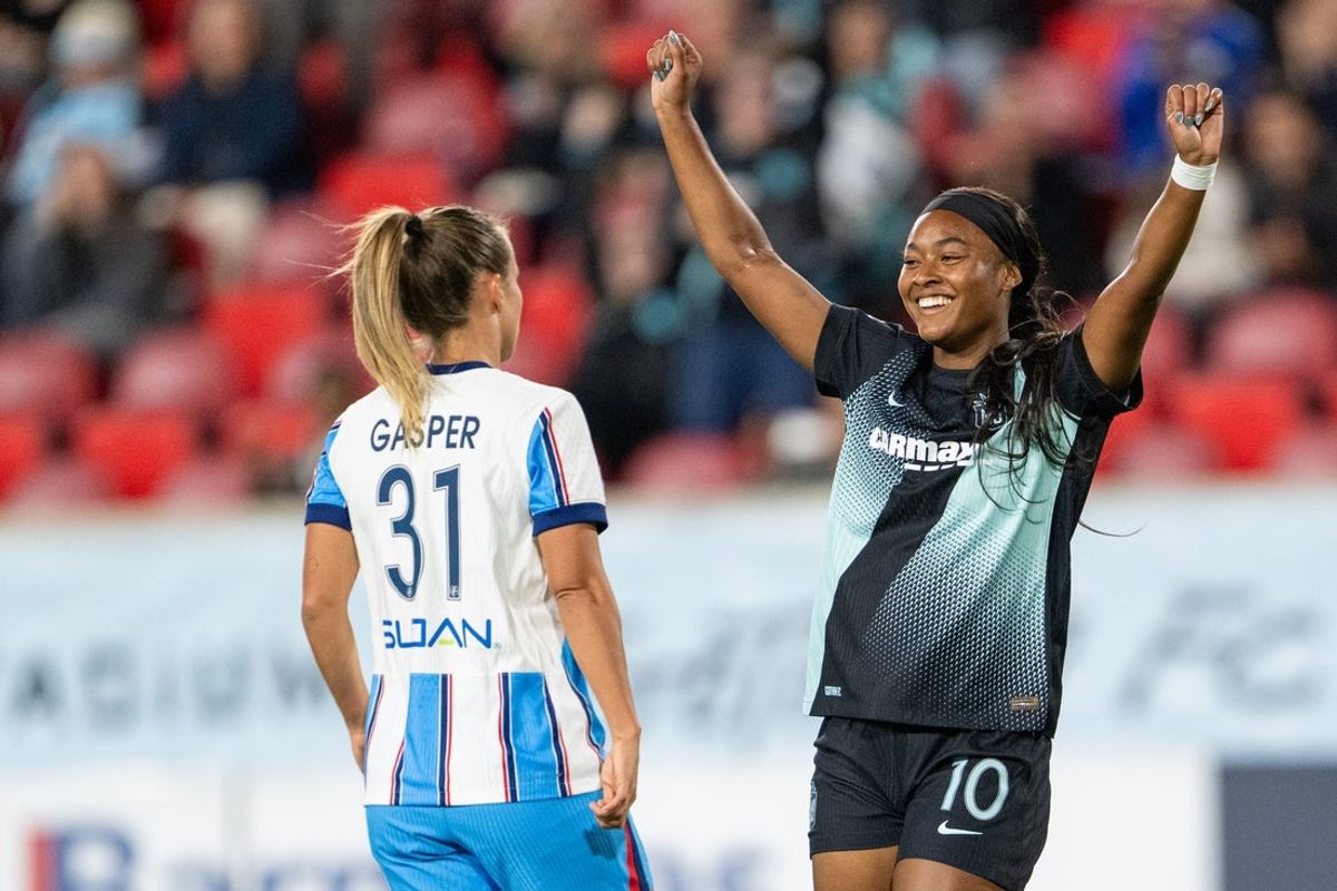 Sep 25, 2026; Harrison, New Jersey, USA;  Gotham FC midfielder Jaedyn Shaw (10) celebrates her goal during the first half against the Chicago Stars FC at Sports Illustrated Stadium.  Mandatory Credit: Mark Smith-Imagn Images