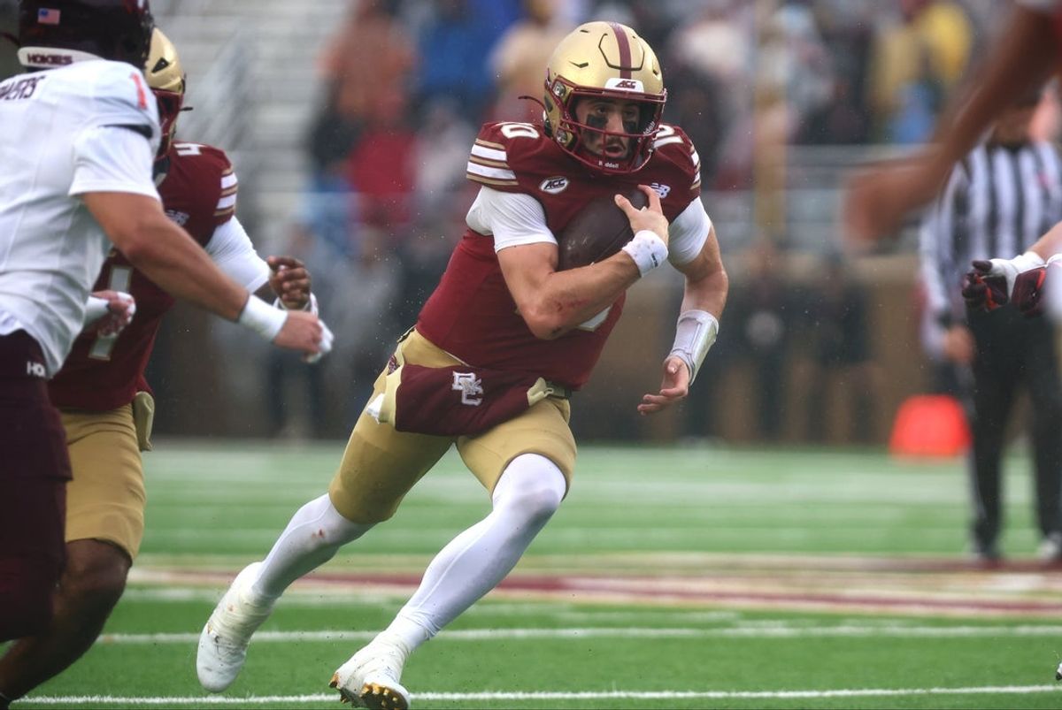 Sep 26, 2026; Chestnut Hill, Massachusetts, USA;  Boston College Eagles quarterback Mason McKenzie (10) runs with the ball in the second half against the Virginia Tech Hokies at Alumni Stadium.  Mandatory Credit: Edward Finan-Imagn Images