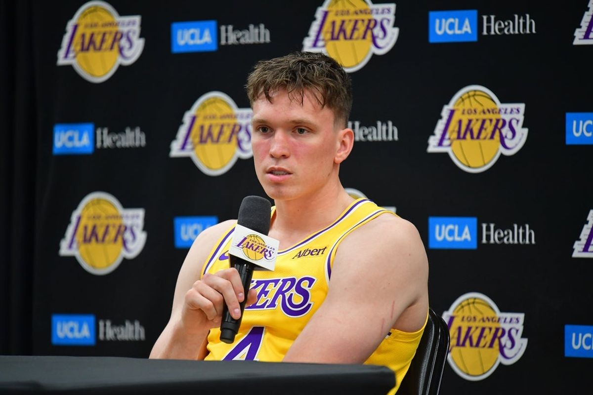Sep 28, 2026; El Segundo, CA, USA; Los Angeles Lakers player Dalton Knecht (4) during media day at UCLA Health Training Center.  Mandatory Credit: Gary A. Vasquez-Imagn Images
