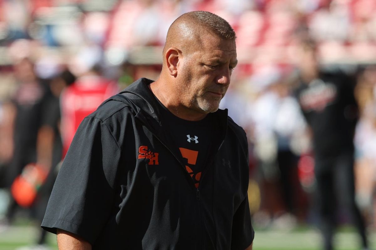 Sep 26, 2026; Lubbock, Texas, USA;  Sam Houston Bearkat head coach Phil Longo before the game against the Texas Tech Red Raiders at Galaxy Stadium. Mandatory Credit: Michael C. Johnson-Imagn Images