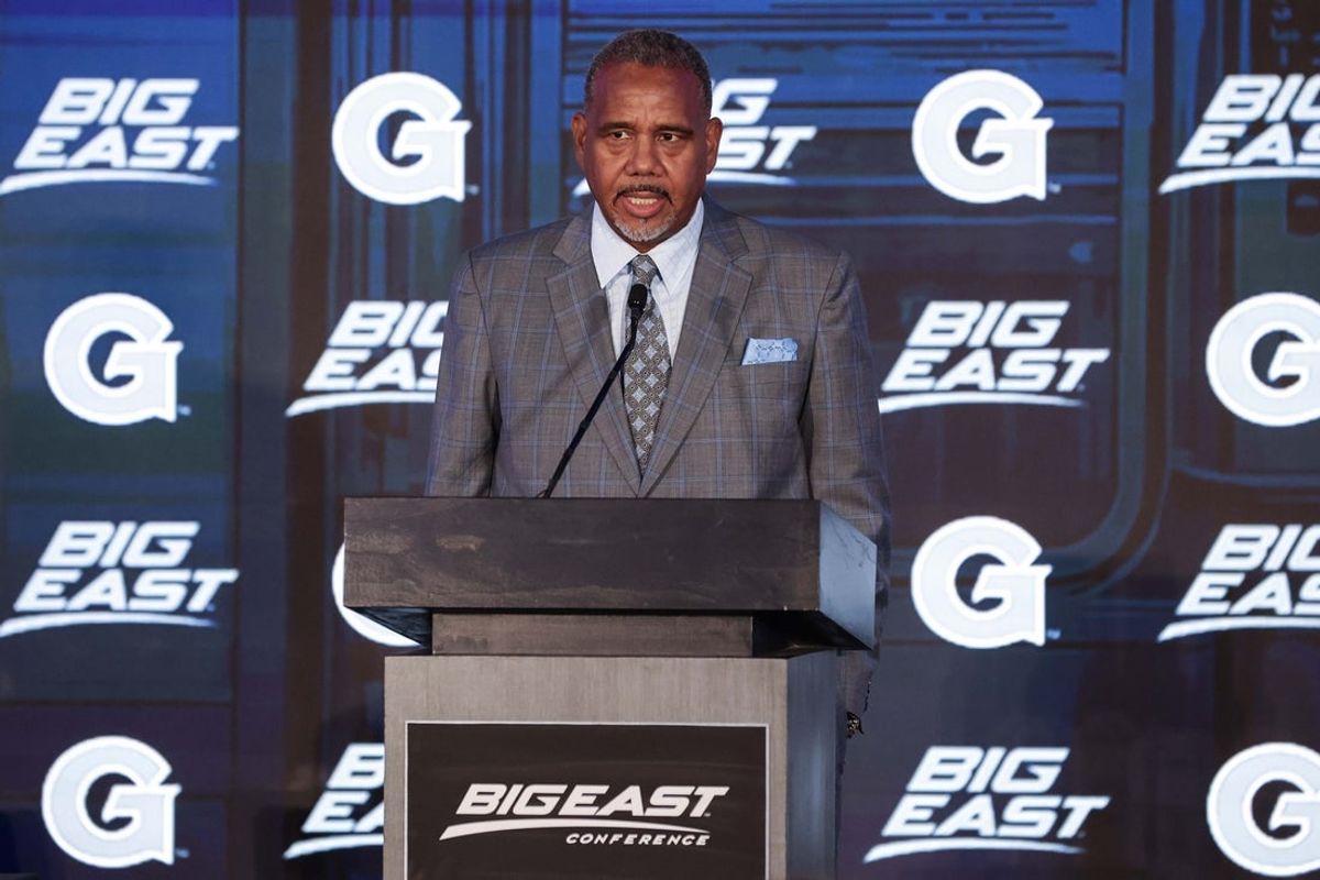 Georgetown Hoyas head coach Ed Cooley speaks at 2026 Big East Media Day at Marriott Marquis.