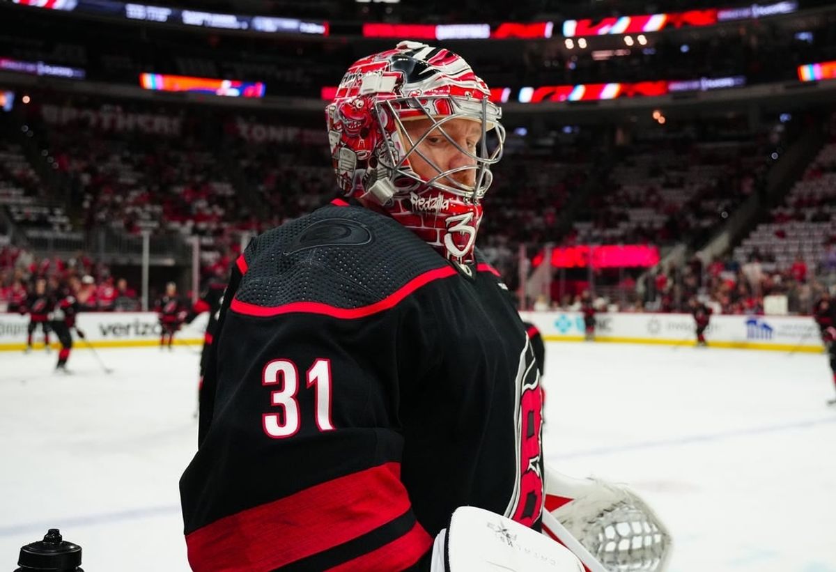 Apr 22, 2024; Raleigh, North Carolina, USA; Carolina Hurricanes goaltender Frederik Andersen (31) looks on during the warmups against the New York Islanders in game two of the first round of the 2024 Stanley Cup Playoffs at PNC Arena.