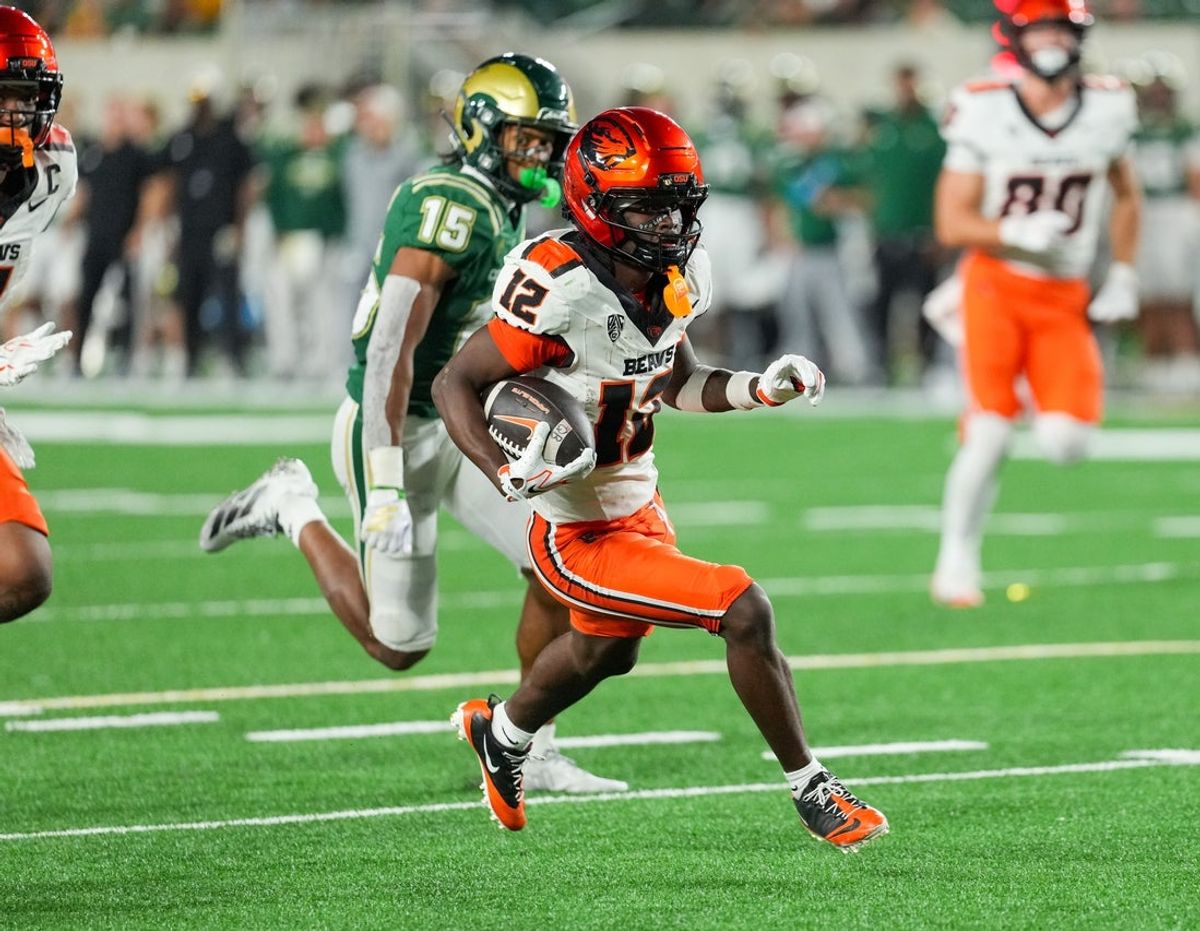 Oct 3, 2026; Fort Collins, Colorado, USA;  Oregon State Beavers wide receiver Jesse Legree (12) runs after a catch against the Colorado State Rams in the second half at Sonny Lubick Field at Canvas Stadium.  Mandatory Credit: Andrew Rydland-Imagn Images