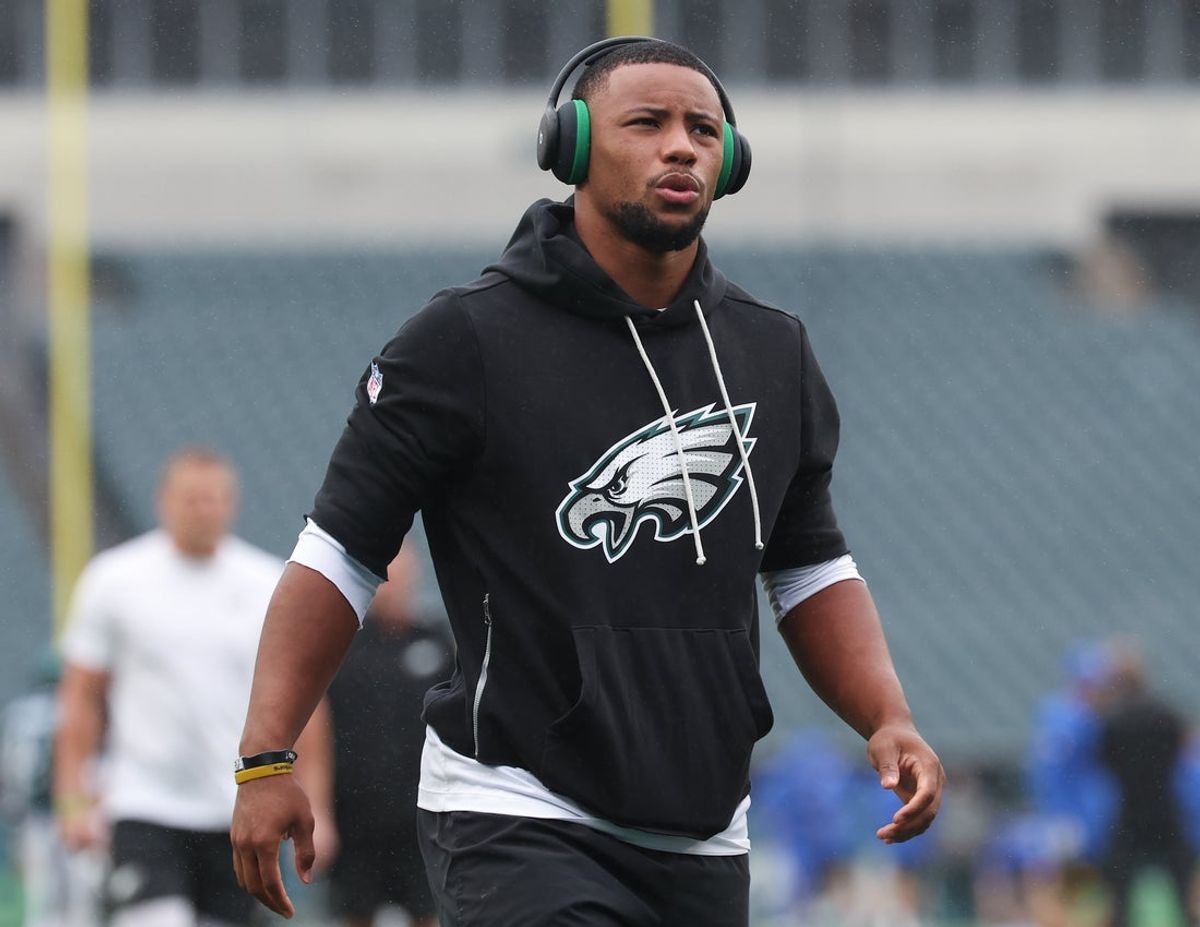 Oct 4, 2026; Philadelphia, Pennsylvania, USA; Philadelphia Eagles running back Saquon Barkley before a game against the Los Angeles Rams at Lincoln Financial Field. Mandatory Credit: Bill Streicher-Imagn Images