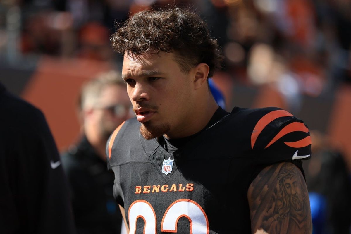 Oct 4, 2026; Cincinnati, Ohio, USA;  Cincinnati Bengals tight end Erick All Jr. (83) walks off the field after the first half against the Jacksonville Jaguars at Paycor Stadium.  Mandatory Credit: Katie Stratman-Imagn Images