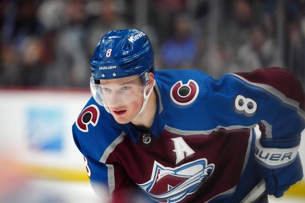 Apr 18, 2024; Denver, Colorado, USA; Colorado Avalanche defenseman Cale Makar (8) during the second period against the Edmonton Oilers at Ball Arena.