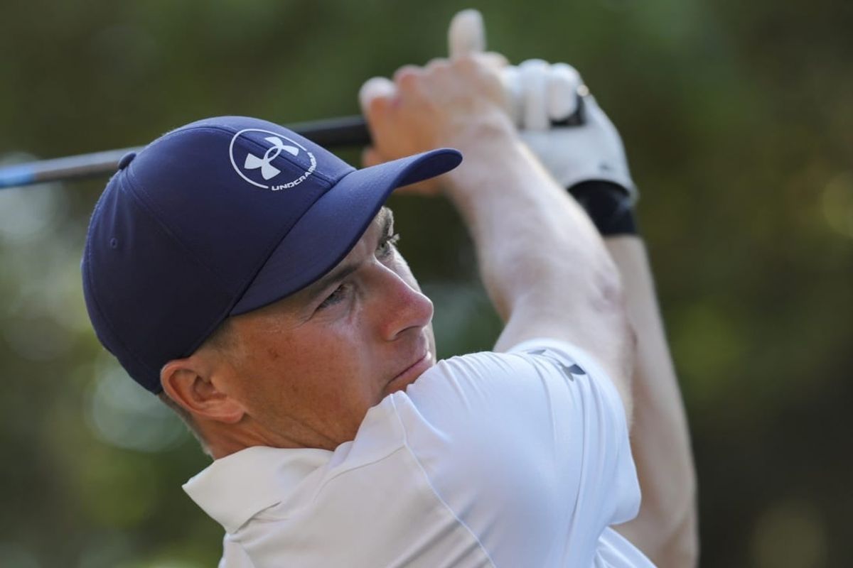 Apr 19, 2024; Hilton Head, South Carolina, USA; Jordan Spieth plays his shot from the 16th tee during the second round of the RBC Heritage golf tournament.