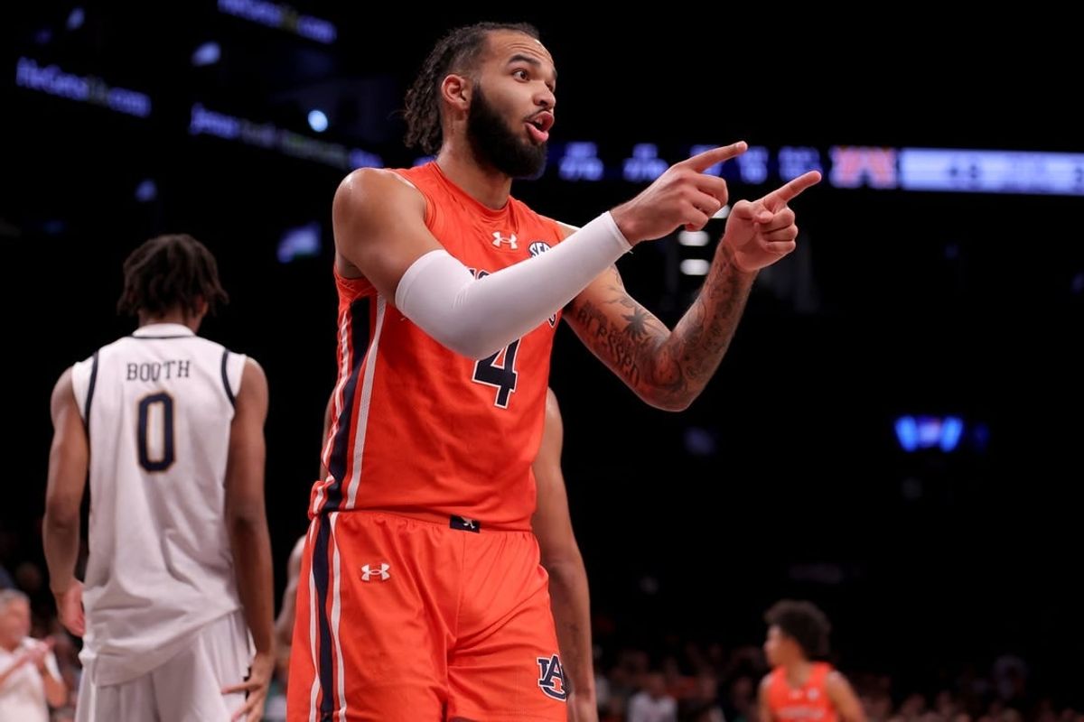 Nov 16, 2023; Brooklyn, New York, USA; Auburn Tigers forward Johni Broome (4) reacts during the second half against the Notre Dame Fighting Irish at Barclays Center.