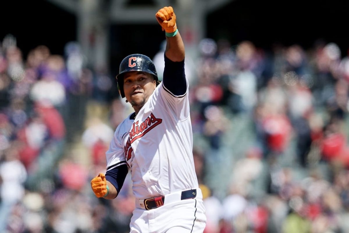 Apr 25, 2024; Cleveland, Ohio, USA; Cleveland Guardians designated hitter Jose Ramirez (11) rounds the bases after hitting a grand slam home run during the second inning against the Boston Red Sox at Progressive Field.
