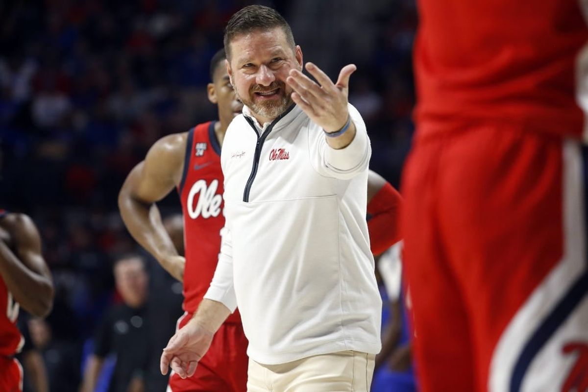 Dec 2, 2023; Oxford, Mississippi, USA; Mississippi Rebels head coach Chris Beard reacts during the second half against the Memphis Tigers at The Sandy and John Black Pavilion at Ole Miss.