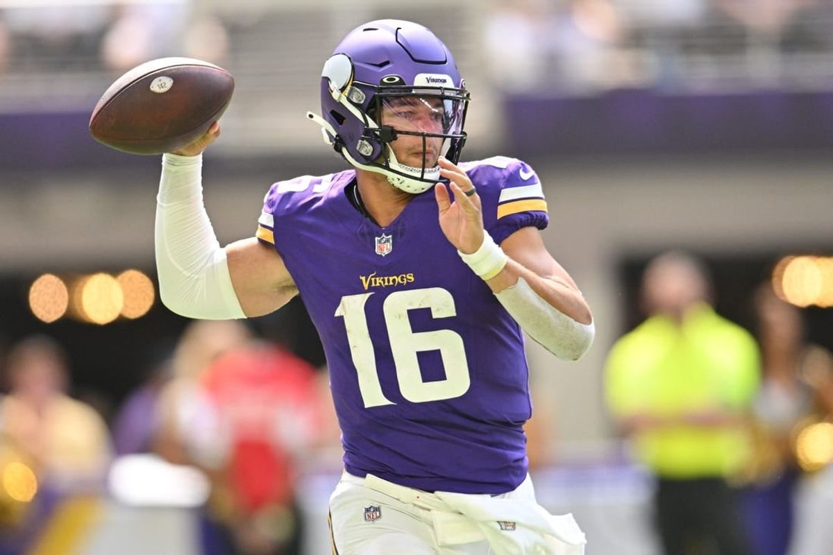Aug 26, 2023; Minneapolis, Minnesota, USA; Minnesota Vikings quarterback Jaren Hall (16) throws a pass against the Arizona Cardinals during the third quarter at U.S. Bank Stadium.