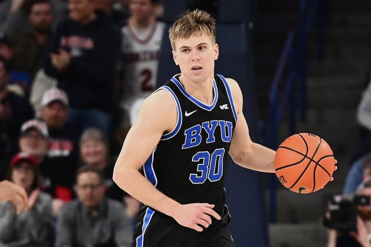 Feb 11, 2023; Spokane, Washington, USA; Brigham Young Cougars guard Dallin Hall (30) controls the ball against the Gonzaga Bulldogs in the second half at McCarthey Athletic Center.