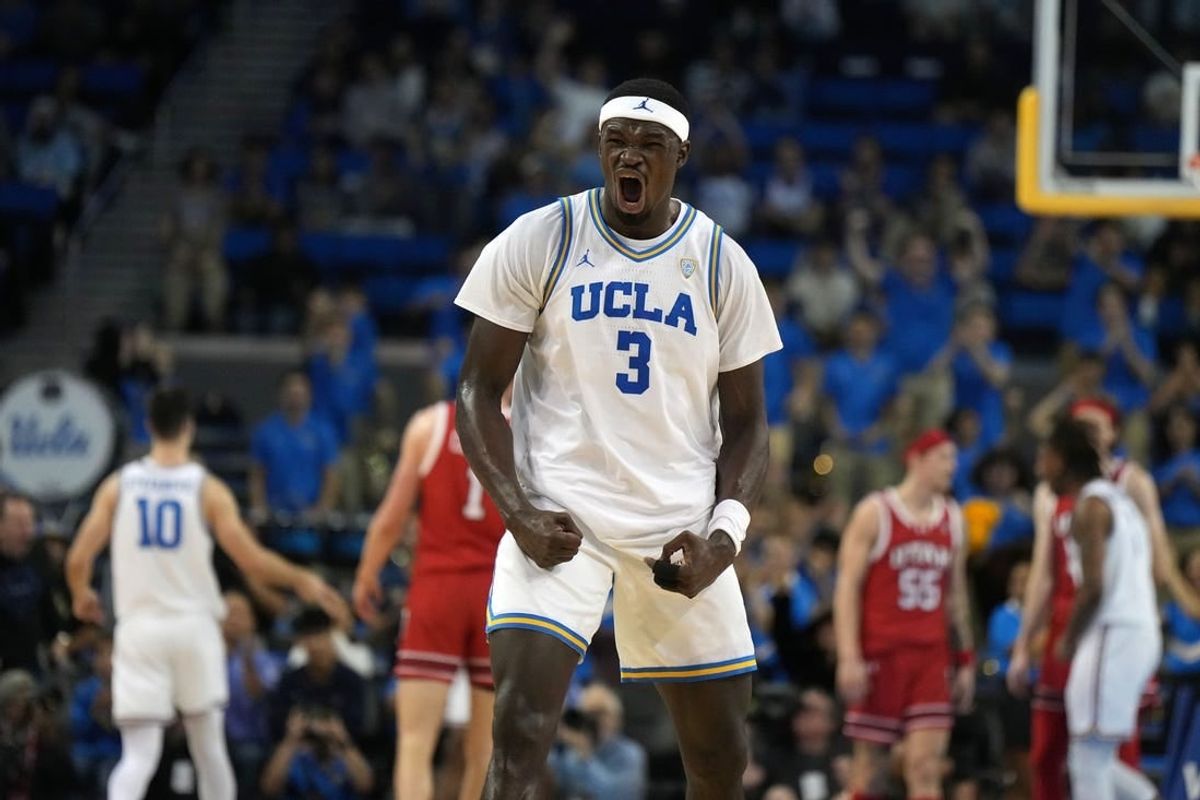 Feb 18, 2024; Los Angeles, California, USA; UCLA Bruins forward Adem Bona (3) reacts against the Utah Utes in the first half at Pauley Pavilion presented by Wescom.