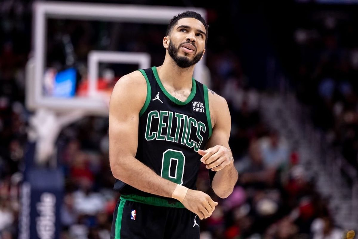 Mar 30, 2024; New Orleans, Louisiana, USA; Boston Celtics forward Jayson Tatum (0) looks on against the New Orleans Pelicans during the second half at Smoothie King Center.