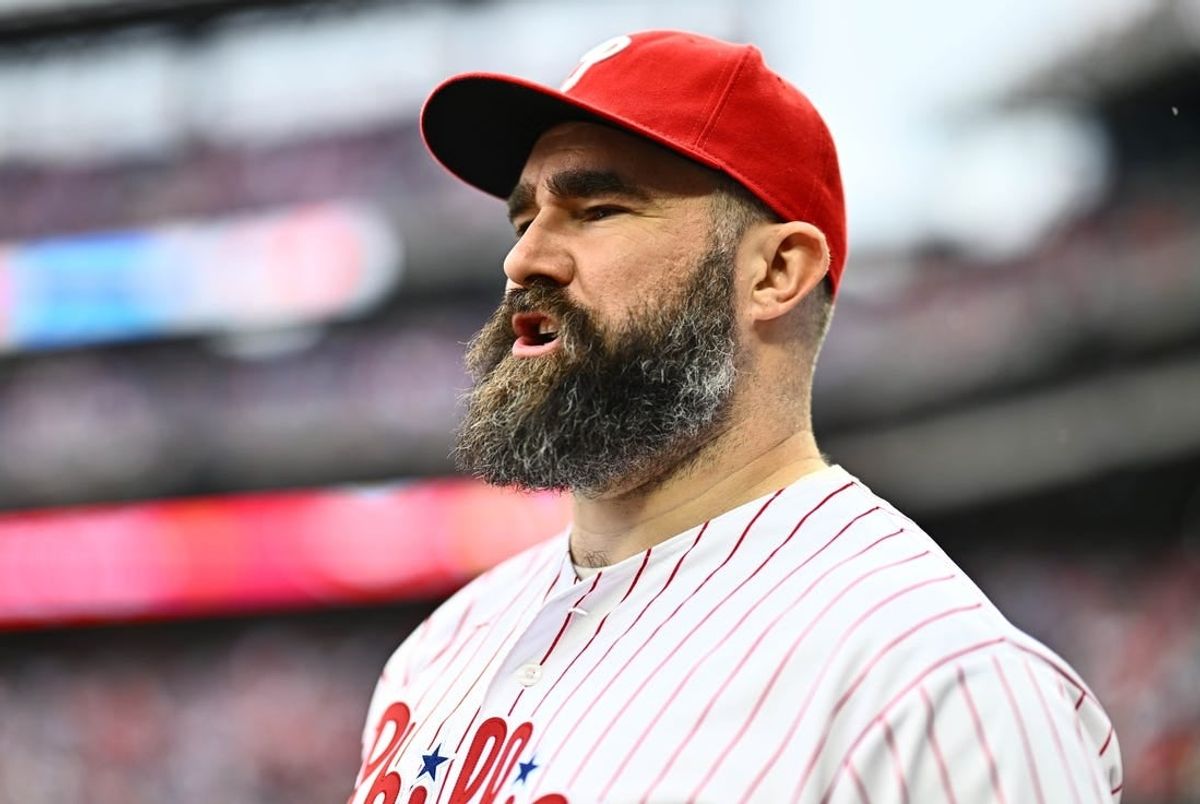 Mar 30, 2024; Philadelphia, Pennsylvania, USA; Former Philadelphia Eagle Jason Kelce reacts before the game between the Philadelphia Phillies and Atlanta Braves at Citizens Bank Park.