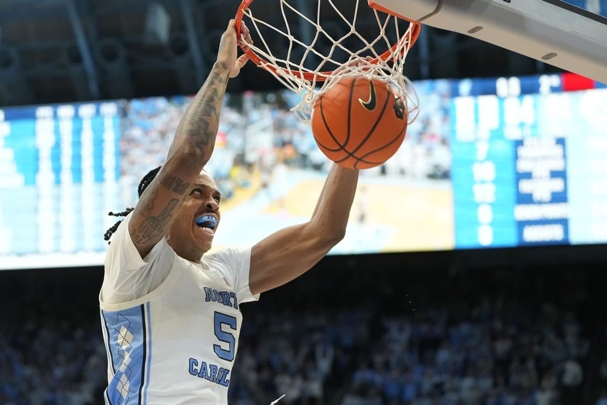 Feb 3, 2024; Chapel Hill, North Carolina, USA;  North Carolina Tar Heels forward Armando Bacot (5) scores in the second half at Dean E. Smith Center.