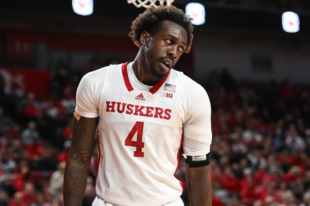 Dec 10, 2022; Lincoln, Nebraska, USA;  Nebraska Cornhuskers forward Juwan Gary (4) reacts to a foul call in the game against the Purdue Boilermakers in the first half at Pinnacle Bank Arena.