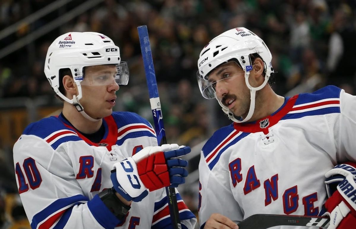Mar 16, 2024; Pittsburgh, Pennsylvania, USA;  New York Rangers left wing Artemi Panarin (10) talks to center Vincent Trocheck (16) against the Pittsburgh Penguins during the second period at PPG Paints Arena.
