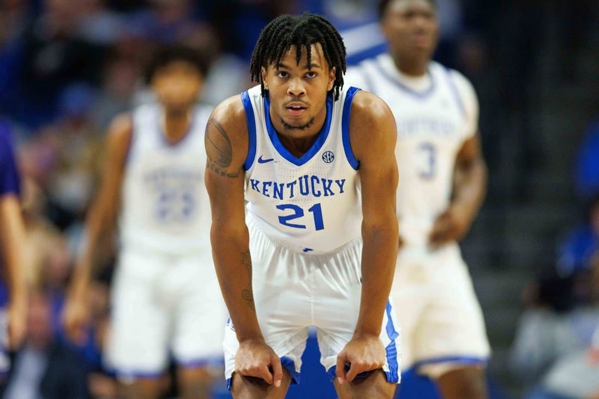 Nov 17, 2023; Lexington, Kentucky, USA; Kentucky Wildcats guard D.J. Wagner (21) during the second half against the Stonehill Skyhawks at Rupp Arena at Central Bank Center.