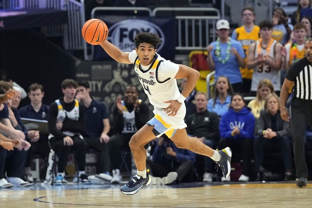 Nov 10, 2023; Milwaukee, Wisconsin, USA;  Marquette Golden Eagles guard Stevie Mitchell (4) during the game against the Rider Broncs at Fiserv Forum.
