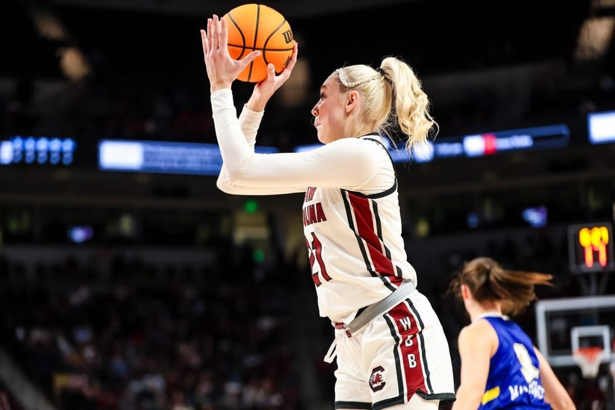 Nov 20, 2023; Columbia, South Carolina, USA; South Carolina Gamecocks forward Chloe Kitts (21) shoots against the South Dakota State Jackrabbits in the first half at Colonial Life Arena.