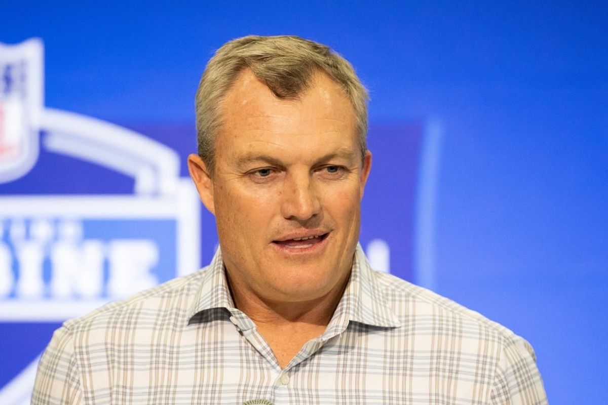 Feb 27, 2024; Indianapolis, IN, USA; San Francisco 49ers  general manager John Lynch talks to the media at the 2024 NFL Combine at Indiana Convention Center.