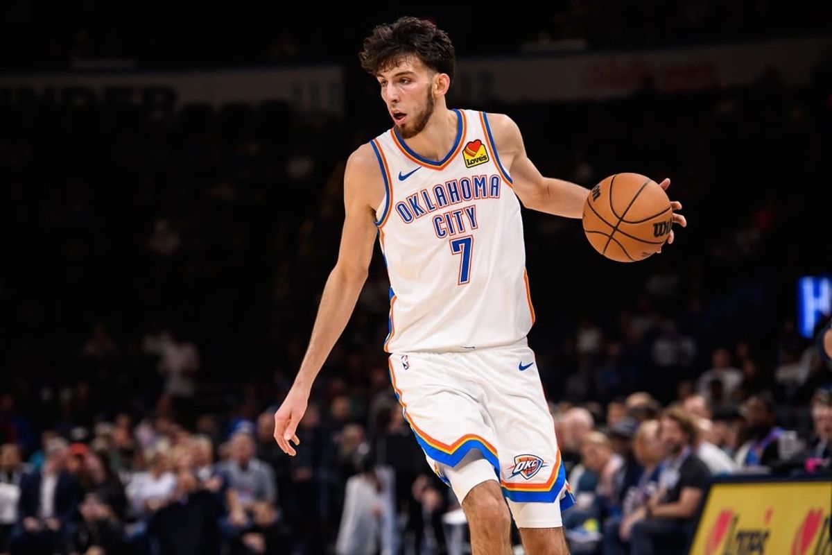Oct 9, 2023; Oklahoma City, Oklahoma, USA; Oklahoma City Thunder forward Chet Holmgren (7) dribbles the ball during the game against the San Antonio Spurs at Paycom Center.