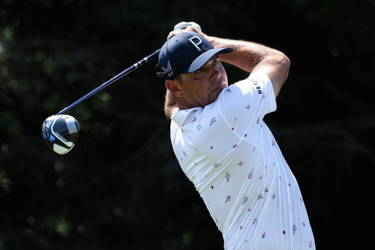 Jul 27, 2023; Blaine, Minnesota, USA; Gary Woodland hits his tee shot on the 2nd hole during the first round of the 3M Open golf tournament.