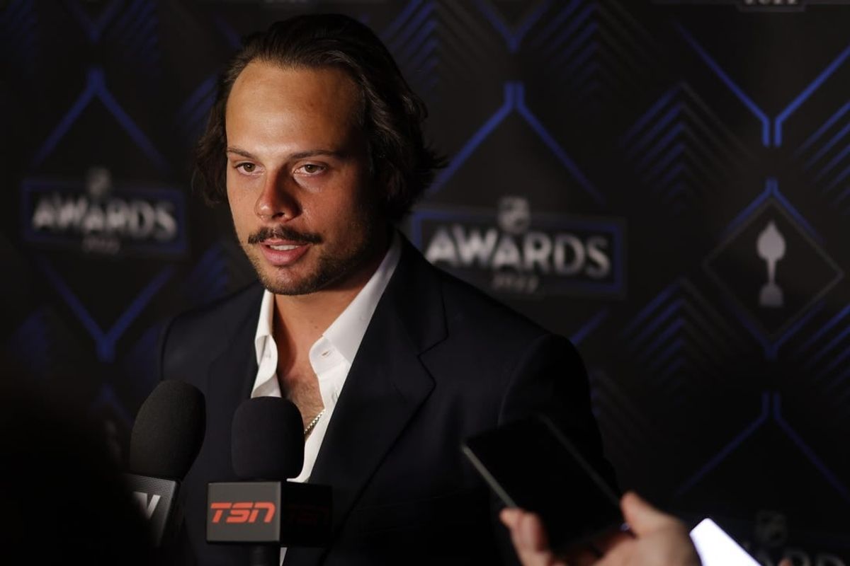 Jun 21, 2022; Tampa, Florida, USA; Toronto Maple Leafs center Auston Matthews speaks with the media after winning the Hart and Ted Lindsay Awards during the 2022 NHL Awards at Amalie Arena.