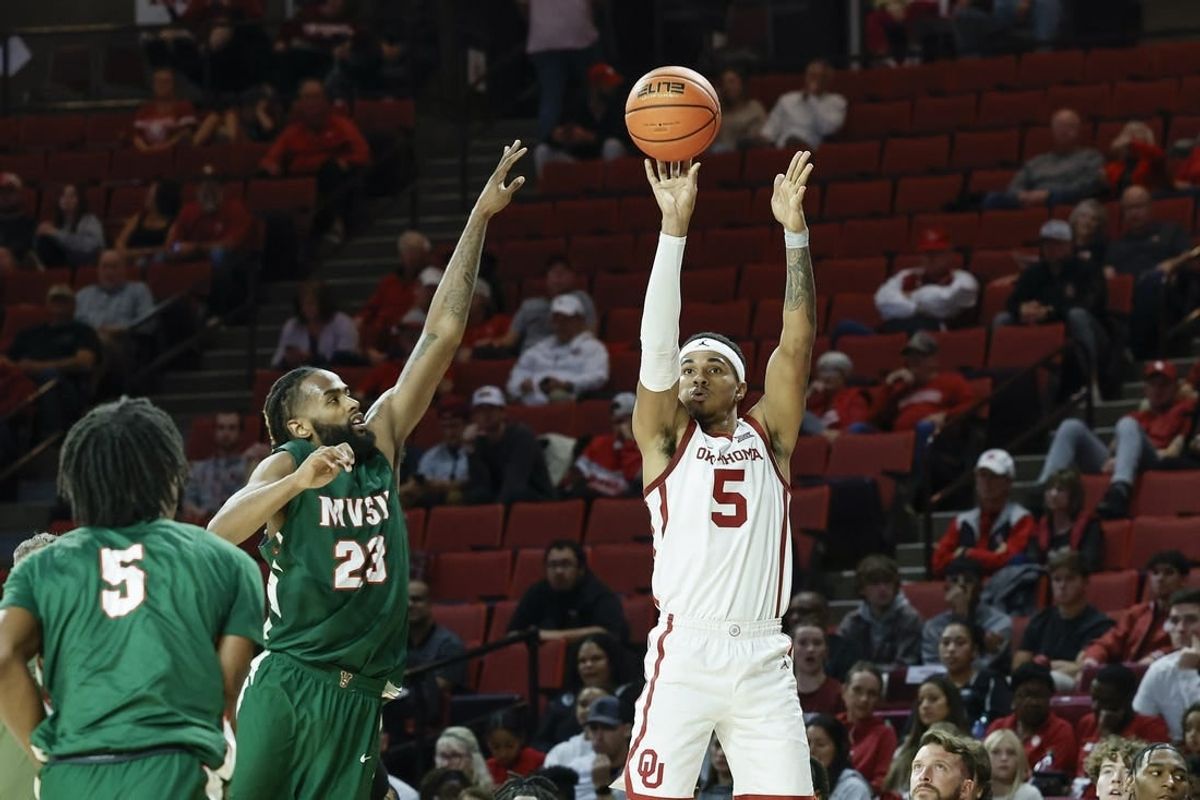 Nov 10, 2023; Norman, Oklahoma, USA; Oklahoma Sooners guard Rivaldo Soares (5) shoots against Mississippi Valley State Delta Devils during the second half at Lloyd Noble Center.