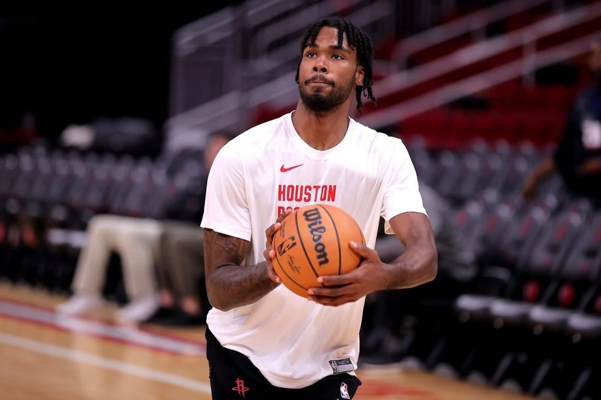 Dec 27, 2023; Houston, Texas, USA; Houston Rockets forward Tari Eason (17) warms up prior to the game against the Phoenix Suns at Toyota Center.
