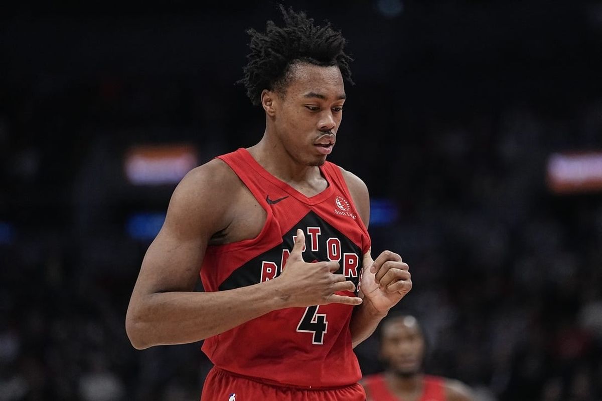 Jan 17, 2024; Toronto, Ontario, CAN; Toronto Raptors forward Scottie Barnes (4) during a break in the action against the Miami Heat during the first half at Scotiabank Arena.