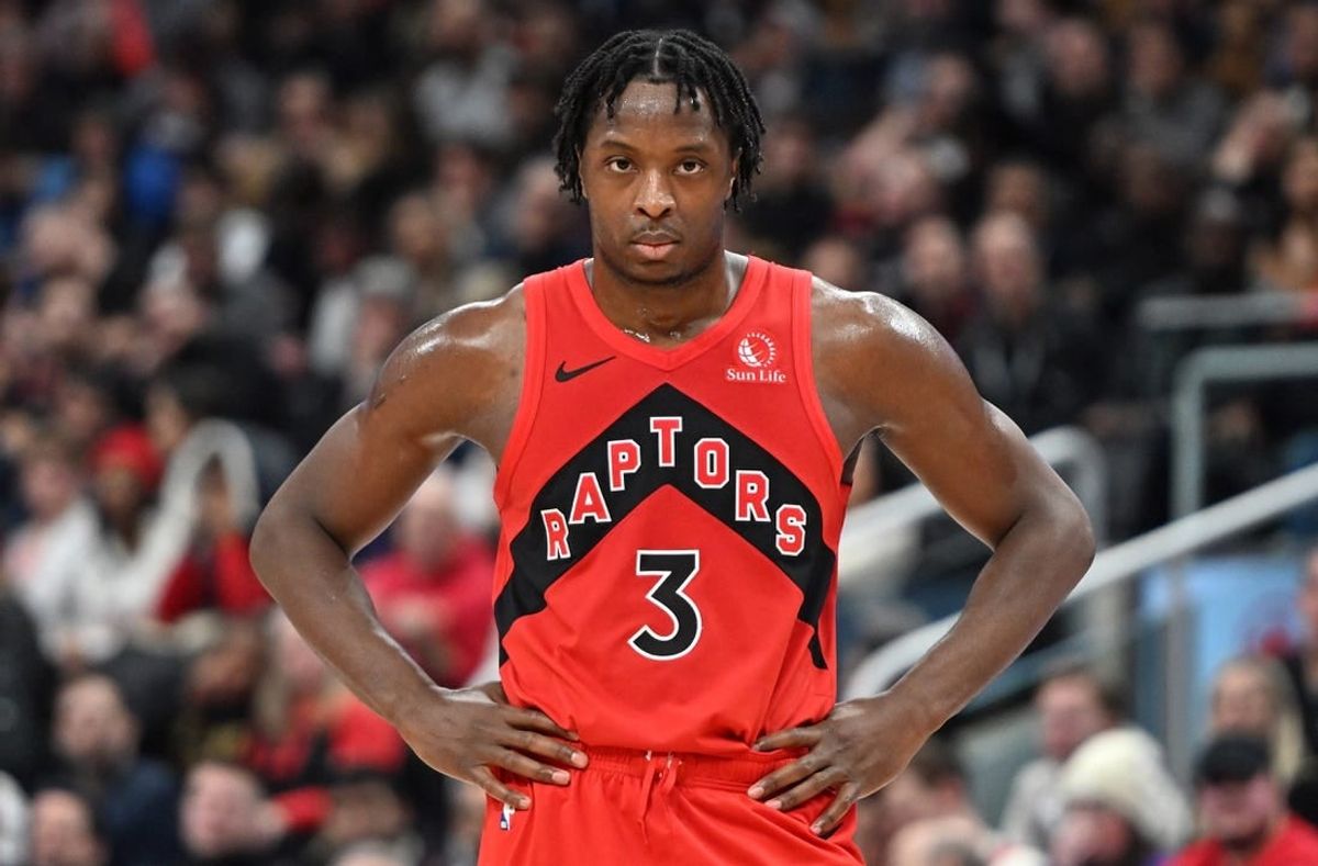 Dec 13, 2023; Toronto, Ontario, CAN;   Toronto Raptors forward OG Anunoby (3) waits for play to resume after a time out in the second half against the Atlanta Hawks at Scotiabank Arena.