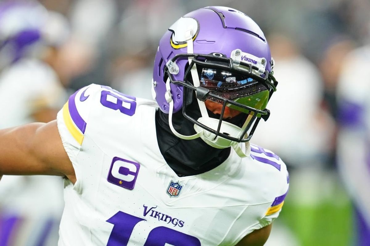 Dec 10, 2023; Paradise, Nevada, USA; Minnesota Vikings wide receiver Justin Jefferson (18) warms up before a game against the Las Vegas Raiders at Allegiant Stadium.