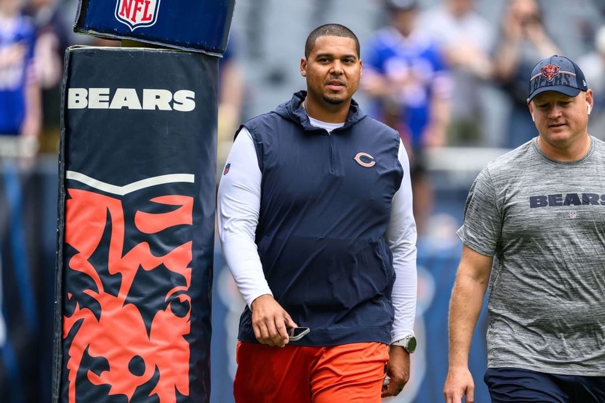 Aug 26, 2023; Chicago, Illinois, USA; Chicago Bears general manager Ryan Poles looks on before a game against the Buffalo Bills at Soldier Field.