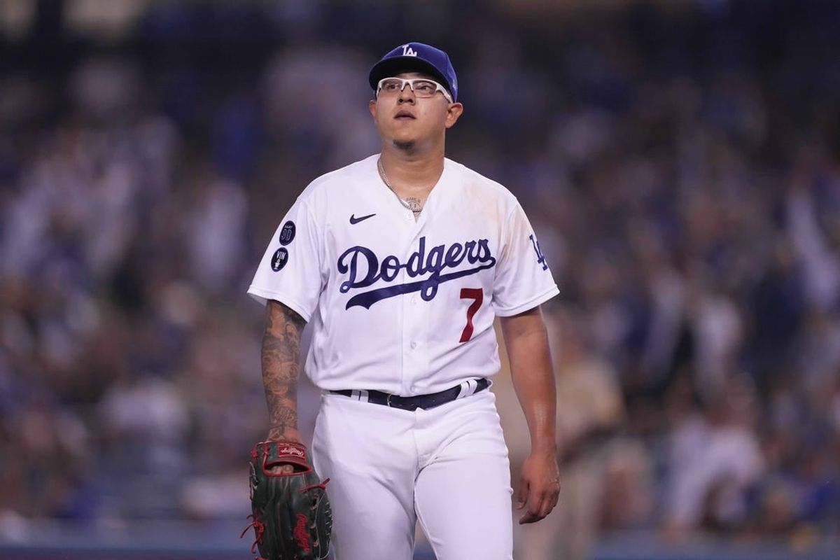 Oct 11, 2022; Los Angeles, California, USA; Los Angeles Dodgers starting pitcher Julio Urias (7) reacts during game one of the NLDS for the 2022 MLB Playoffs against the San Diego Padres at Dodger Stadium. The Dodgers defeated the Padres 5-3.