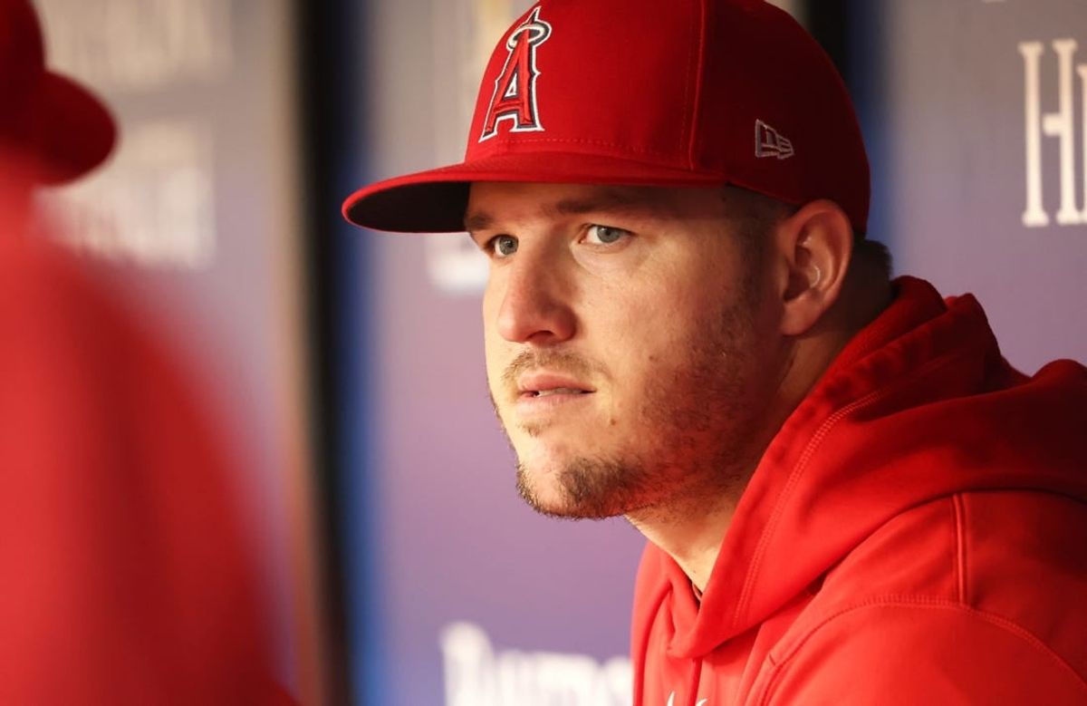 Sep 21, 2023; St. Petersburg, Florida, USA; Los Angeles Angels outfielder Mike Trout (27) looks on against the Tampa Bay Rays during the first inning at Tropicana Field.