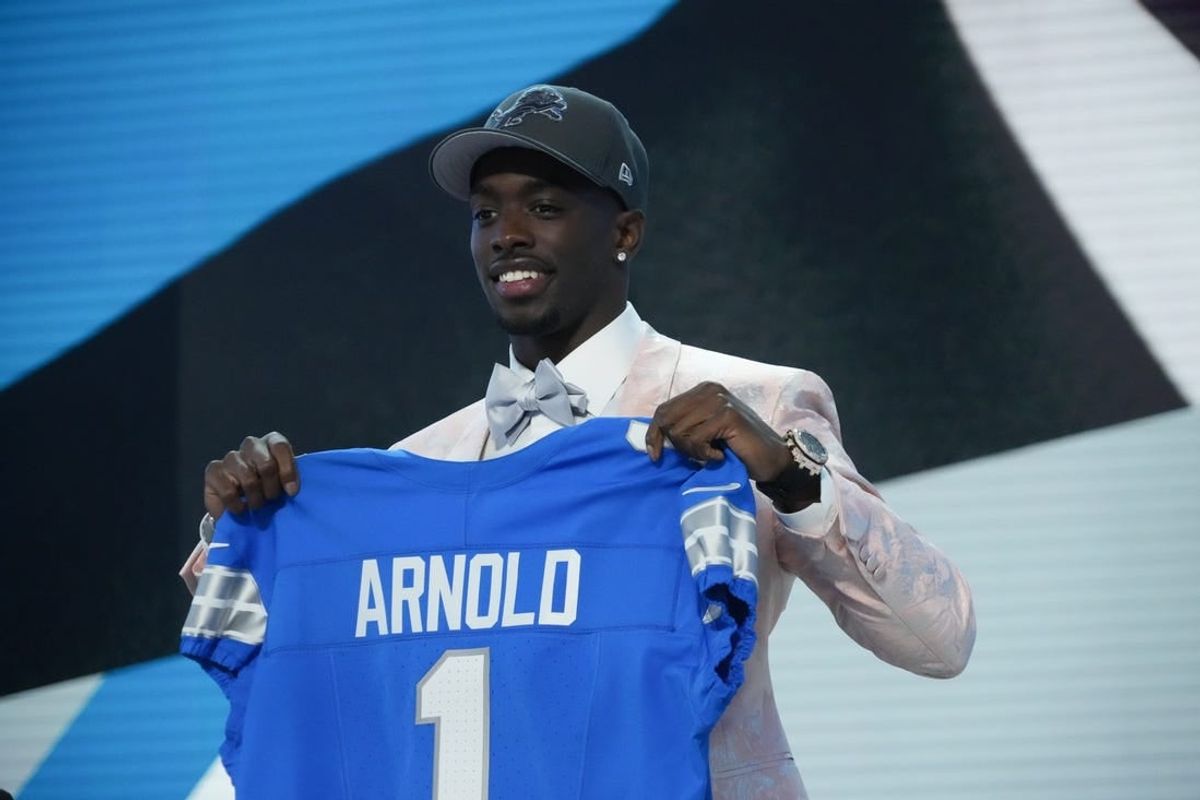 Apr 25, 2024; Detroit, MI, USA; Alabama Crimson Tide defensive back Terrion Arnold poses after being selected by the Detroit Lions as the No. 24 pick of the first round of the 2024 NFL Draft at Campus Martius Park and Hart Plaza.