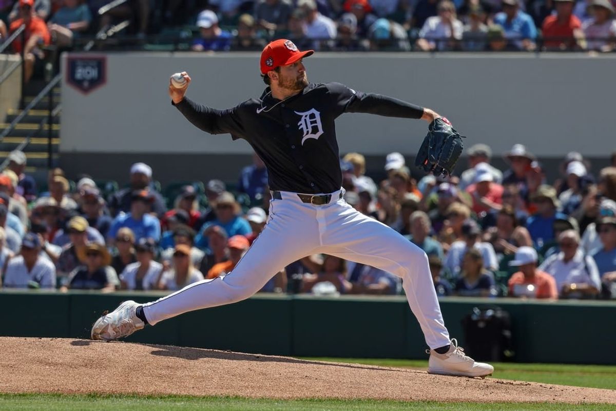 Mar 14, 2024; Lakeland, Florida, USA; Detroit Tigers starting pitcher Casey Mize (12) pitches during the first inning against the New York Yankees at Publix Field at Joker Marchant Stadium.